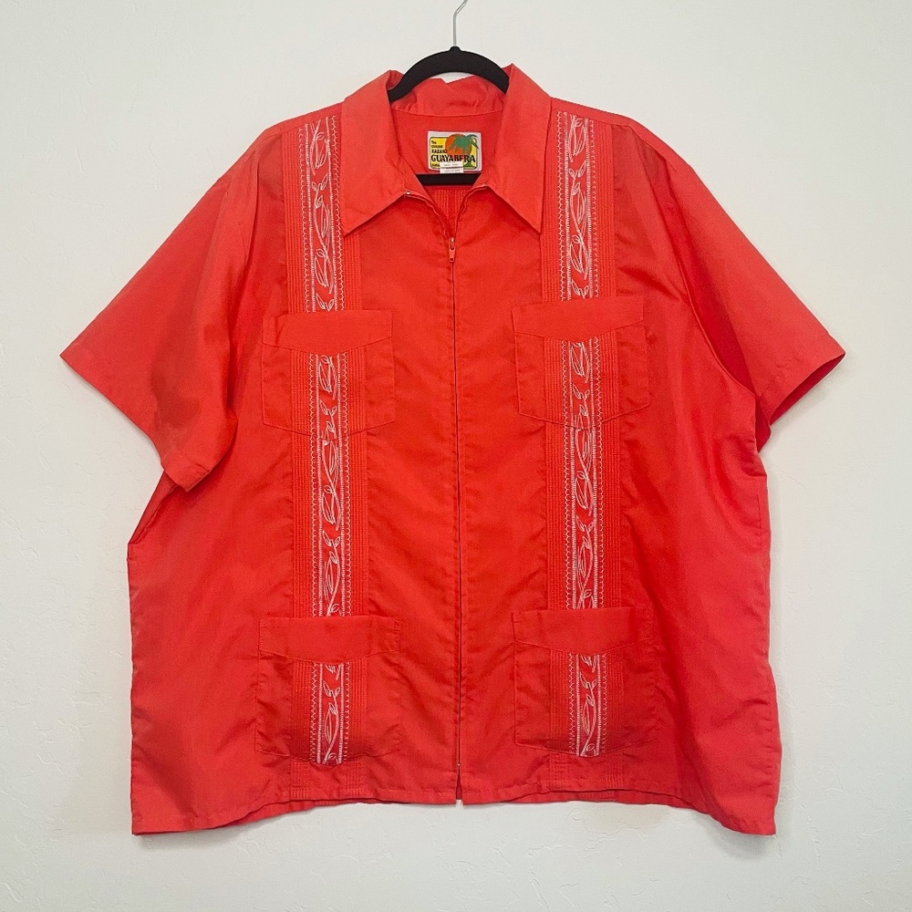 2XL Zip Up Coral Embroidered Casual Men's Collared Shirt